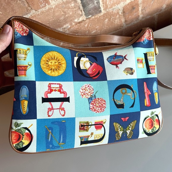 GUCCI Rare Vintage Blue Checkered Scarf Print Shoulder Bag - Picture 2 of 16